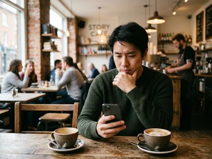 カフェでスマホを見ながらポイント残高を確認する男性のイメージ画像（800×600）
