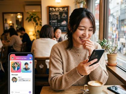 スマホでマッチングアプリのメッセージ画面を見ながら微笑む20代女性のイメージ