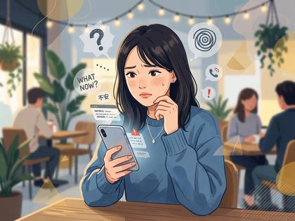 スマホを見て不安そうな表情の女性のイラスト