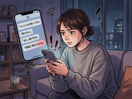 スマホに脅迫メッセージが表示され、不安そうな女性のイラスト