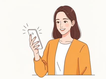 スマホを手に笑顔で前を向いている女性のイラスト