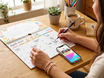カレンダーとスマホを並べてデート日程を考える女性の手元