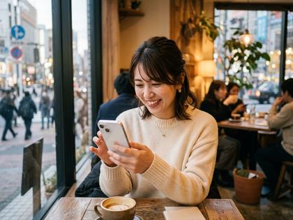 笑顔でスマホを見る30代男性のイメージ