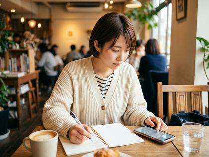カフェでスマホを見ながらメモを取る男性のイメージ