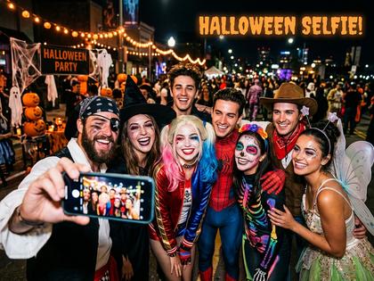 ハロウィン仮装をしてセルフィーを撮る男女グループ
