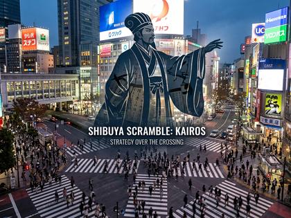 渋谷スクランブル交差点と古代風の軍師シルエットを組み合わせたイメージ