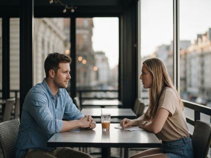 昼間のオープンテラスのカフェで向かい合って話す男女のイメージ