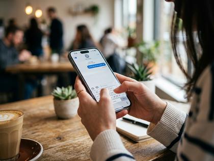 スマホでメッセージを送る女性の手元のクローズアップ