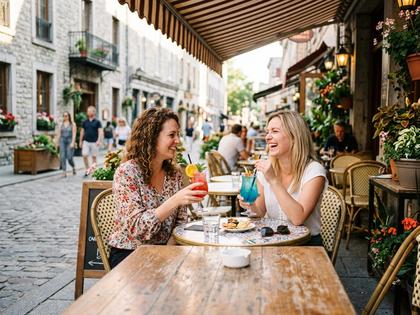 カフェのテラス席でカラフルなドリンクを楽しむ女性たち