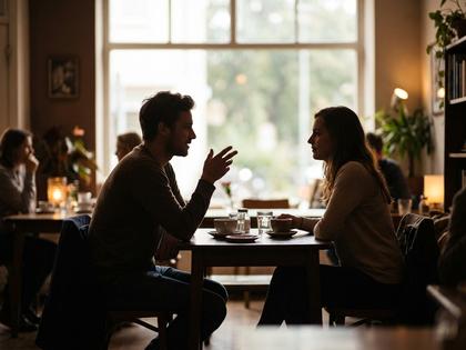 カフェで穏やかに話す男女のシルエット、窓辺の柔らかい光