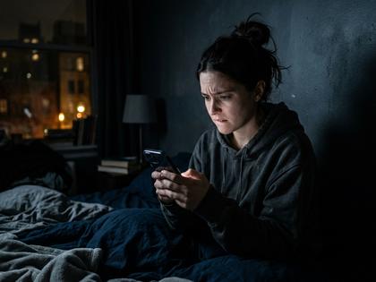 スマートフォンを見ながら不安そうな表情をする女性、夜の部屋