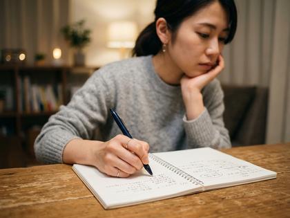 ノートにペンで書き込みをしながら考え事をする女性の手元