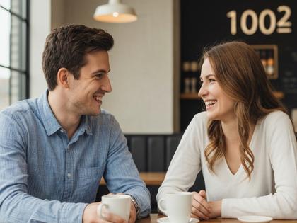 明るい時間帯のカフェで笑顔で会話するカップル風の男女