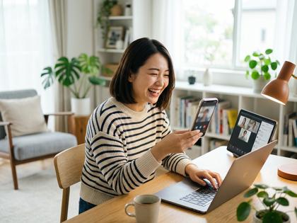 スマホとパソコンを使って楽しそうに会話している女性のイメージ