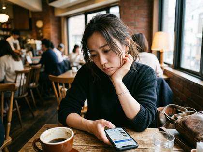 カフェでスマートフォンを眺める女性。