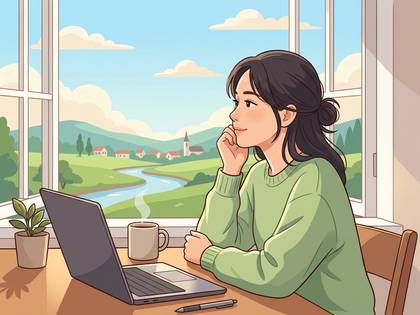 窓辺でノートPCとコーヒーを前に、緑豊かな田園風景を眺める女性。