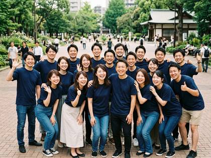 屋外でネイビーTシャツを着て笑顔を見せる日本人グループの集合写真。