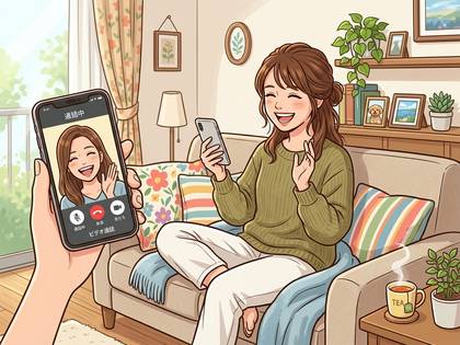 笑顔でスマートフォン越しに友人とビデオ通話を楽しむ女性。