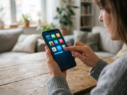 リビングで女性がスマートフォンアプリを操作する様子。