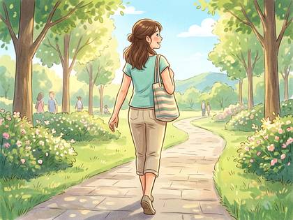 公園の散歩道で、笑顔で歩く女性の後ろ姿。緑と花が美しい。