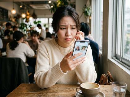 カフェでスマホの画面を見て、悩む女性。