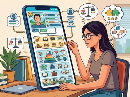 女性がスマートフォンでユーザー情報を選別する様子。