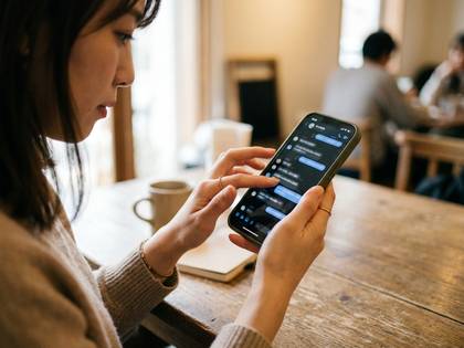 カフェでスマートフォンを操作してチャットする女性。