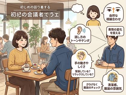 カフェで会話する男女と、コミュニケーションのコツを図解。