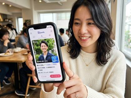 笑顔の女性がスマホでマッチングアプリを操作している。