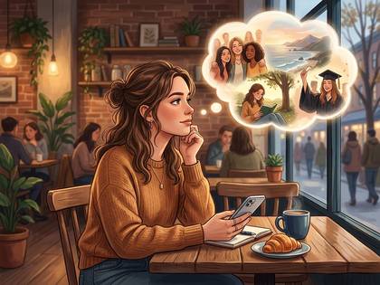 カフェで夢を想像する女性。友達との思い出、勉強、卒業の未来像が頭上に浮かぶ。