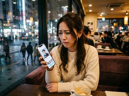 カフェの窓際で女性がスマホのマッチングアプリを不安げに見る。