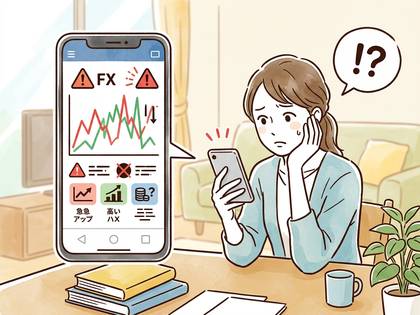 スマホのFXアプリで危険な変動チャートを見て困惑する女性。