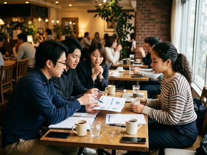 カフェで資料を見ながら話し合う複数の男女。