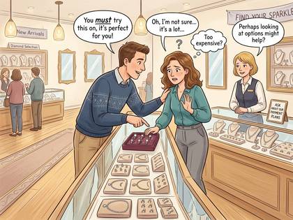 宝石店で男性が女性に指輪を勧めるが、女性は高価さに躊躇。店員が支払いプランを案内。