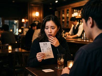 バーで会計伝票を見て驚く女性。
