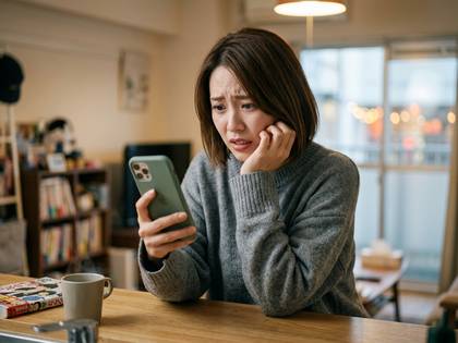 困惑した表情でスマートフォンを見る女性。