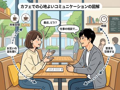カフェでの心地よいコミュニケーションの図解。