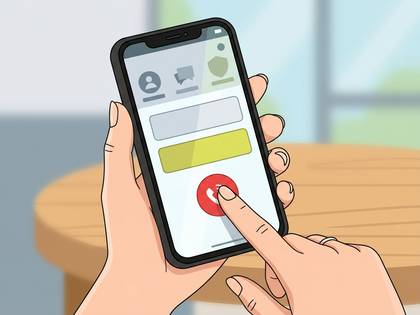 スマートフォンを操作する手のイラスト。画面のボタンをタップしている。