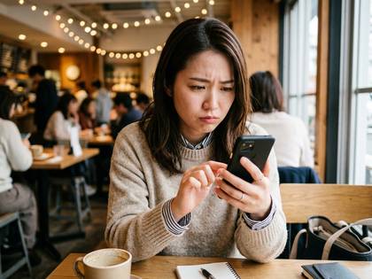 カフェでスマートフォンを操作する、困惑顔の女性。
