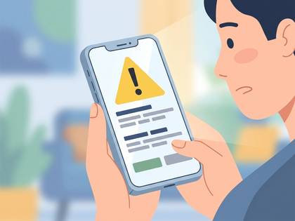 スマートフォンに表示された警告に困惑する男性。