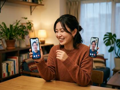 笑顔の女性が2台のスマホでビデオ通話をする。