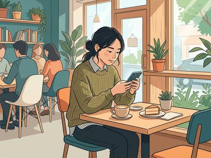 カフェでスマートフォンを操作する女性と、コーヒーとケーキ。