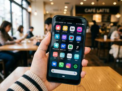 カフェでスマホを操作する手元。画面には多様なアプリが表示されている。