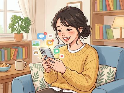 笑顔でスマホを操作し、メッセージや通知を受け取る女性のイラスト。