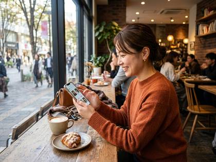 窓際のカフェでスマホを見る笑顔の女性。コーヒーとパンがある。