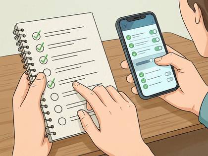 スマートフォンとノートのチェックリストを使い、タスクを管理する様子。