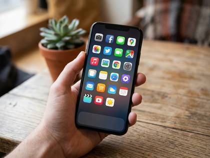 手がアプリアイコンのスマホを持つ。背景に木製テーブルと植物。
