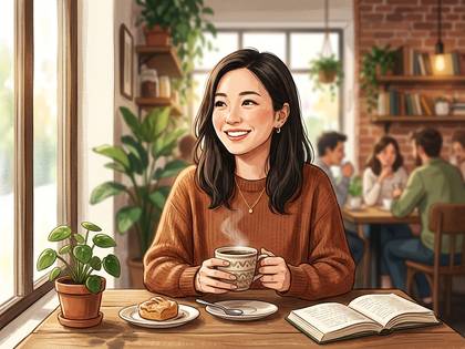 窓辺のカフェで笑顔でコーヒーを楽しむ女性のイラスト。