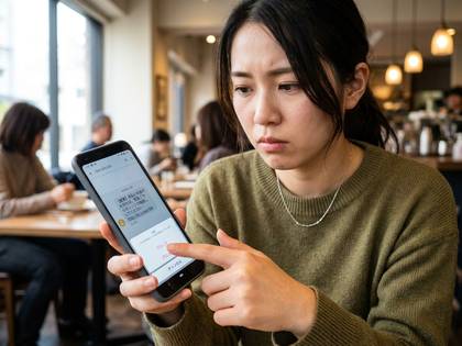 カフェでスマートフォンを操作し、困惑した表情の女性。