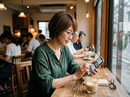 カフェの窓際でスマートフォンを操作する女性。